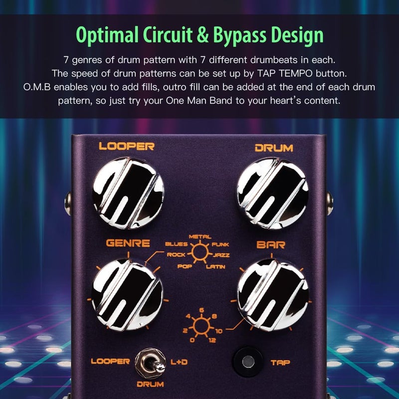 JOYO Looper Drum Machine Pedal (Looper Cycle Recording/Drum Machine) for Electric Guitar Effect (O.M.B R-06) - Image 3